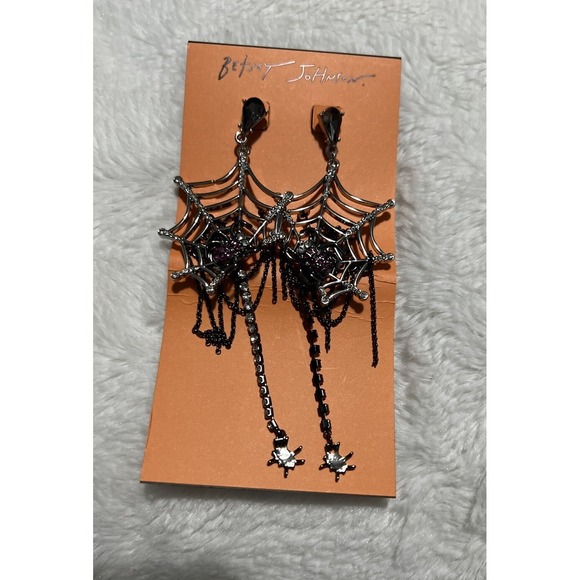 Betsey Johnson Jewelry - New BETSEY JOHNSON Dark Magic Silver Tone Web & Spider Halloween Drop Earrings